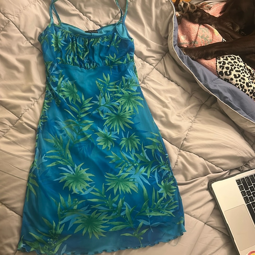 y2k tropical palm sheer dress vintage deadstock beach vacation ruched